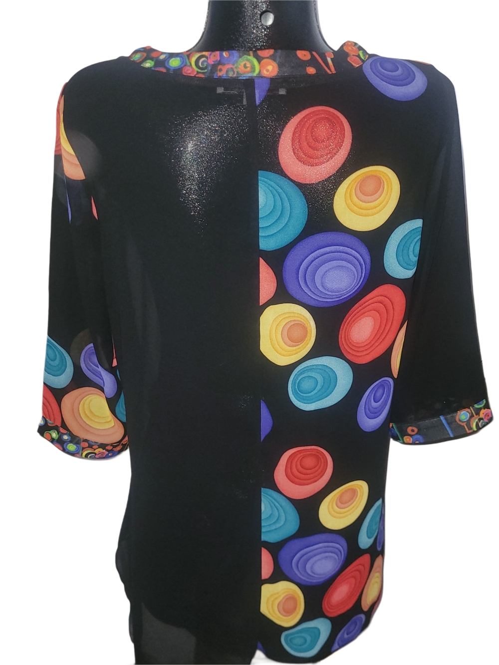 Variations Black Multi-Color Geometric Circles Faux Button-Front Sheer Top L - Picture 5 of 6